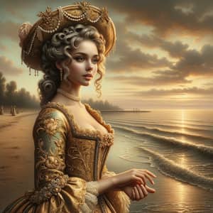 Captivating Baroque-Style Portrait of a Radiant Woman by the Sea