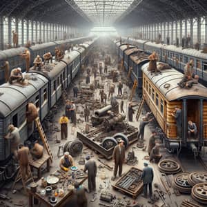 Almaty Depot: Diverse Workers Repairing Old-Fashioned Railway Wagons