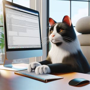 Black and White Cat at Computer: Whimsical Illustration