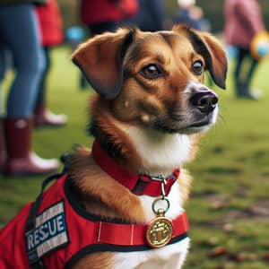 Alert Rescue Dog with Red Vest and Medal | Ready to Jump into Action