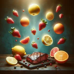 Surreal Food Art: Vibrant Fruits and Steak on Wooden Table