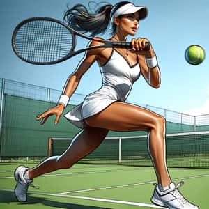 Realistic Hispanic Woman Playing Tennis with Intense Focus