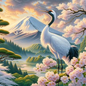 Graceful Crane in Japanese Landscape | Mount Fuji Sunrise View