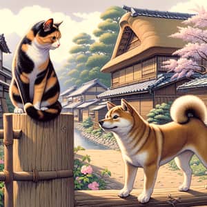 Cats and Dogs Illustration in Traditional Japanese Setting
