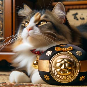 Cat with Koban - Traditional Japanese Oval Gold Coin