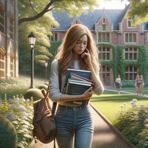 Realistic Female University Student Walking Through Campus Scene