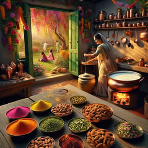Traditional Indian Kitchen with Kids Playing in Vibrant Garden