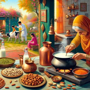 Traditional Indian Kitchen: Colors, Kids Playing, Saffron Milk