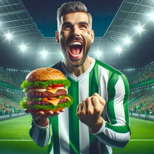 Football Player Celebrating Victory with Burger Trophy