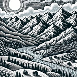 Intricate Landscape Relief Print: Mountains, Rivers, Settlements