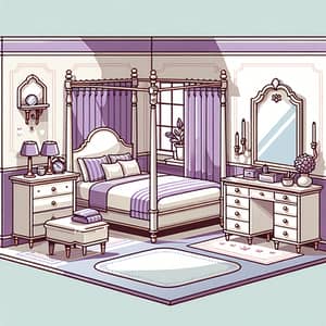 Elegant Room with Four-Poster Bed and Vanity in Purple and White
