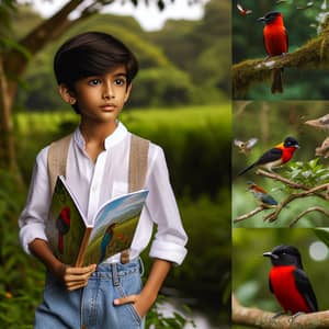 Young South Asian Boy Exploring Vibrant Birds in a Lush Garden