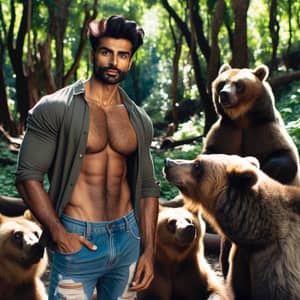 South Asian Man Bonds with Brown Bears in Green Forest