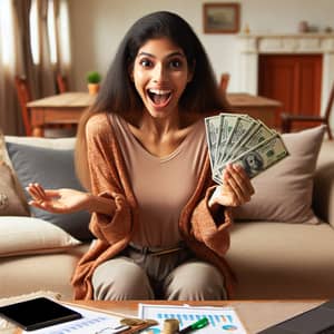 South Asian Woman Celebrates with $1000 Cash | Cozy Living Room Scene