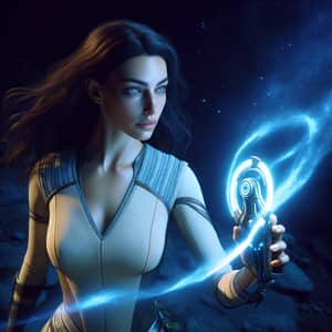 Female Warrior in Sci-Fi Universe wielding a Glowing Blue Weapon