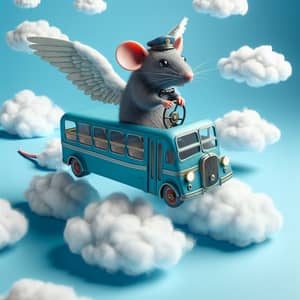 Whimsical Bus with Wings Soaring in Blue Sky