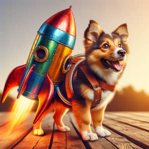 Playful Dog with Rocket: Imaginary Journey into Cosmos