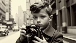 Vintage 1940's Boy with Camera in the City