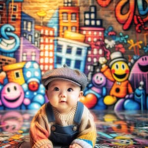 Playful Baby in Colorful City Setting with Vibrant Graffiti