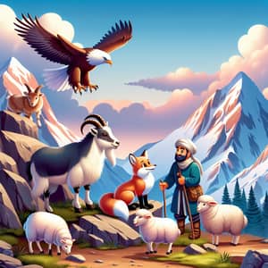 Lively Mountain Scene with Mountain Goat, Snow Fox, Eagle & Farmer
