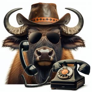 Cool Buffalo with Sunglasses and Cowboy Hat Talking on Phone