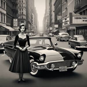 1950s Vintage Fashion with Ford Thunderbird on City Street