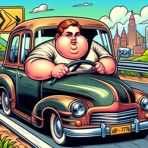 Cartoon-Style Image of Chubby Individual Driving a Classic Car