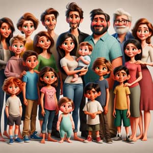 Diverse Pixar-Disney Family Scene: 9 Members, 6 Kids