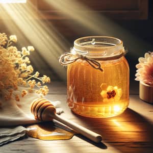 Golden Honey Jar on Wooden Table | Serene Scene with Honey Dipper