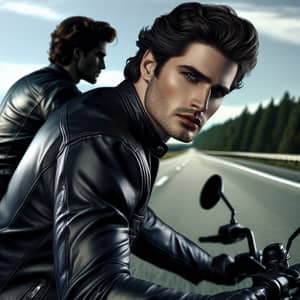 Enigmatic Brunette Man on Motorcycle | Mystery & Allure