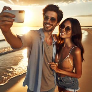 Beach Selfie: Caucasian Man and Hispanic Woman Enjoy Sunset