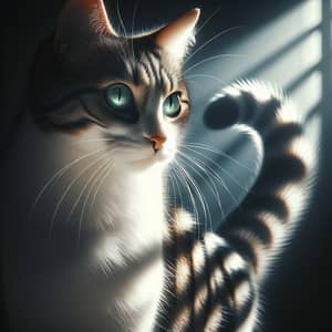 Emerald-Eyed Domestic Cat | White & Tabby Stripes | Sunlit Silhouette