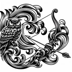 Wave, Owl, Bow & Arrow Tattoo Design