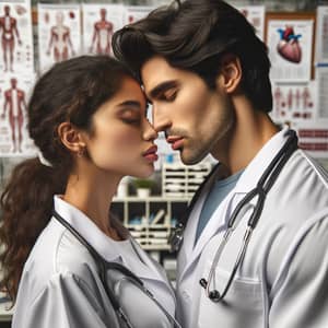 Passionate Moment: Male and Female Doctors Sharing a Tender Kiss