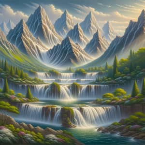 Majestic Mountain Landscape Painting with Waterfalls and Sunrays