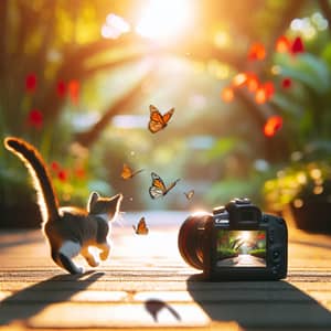 Playful Cat Chasing Butterflies in Sunlit Park