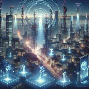Futuristic Communication Cityscape | Network Connection & Holographic Devices
