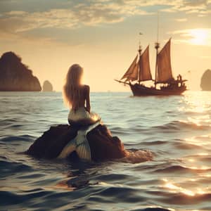 Blonde South Asian Mermaid on Ocean Rock Watching Sailing Boat