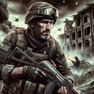 Battle-Worn Caucasian Soldier in War-Torn Environment