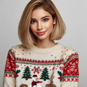 Festive Blonde Woman in Cozy Christmas Sweater | Holiday Cheer