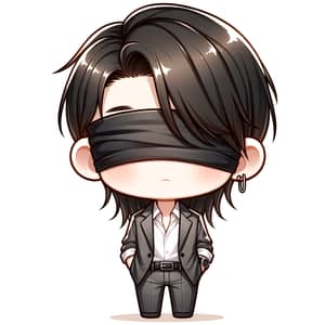 Chibi-Style Blindfolded East Asian Figure in Modern Attire