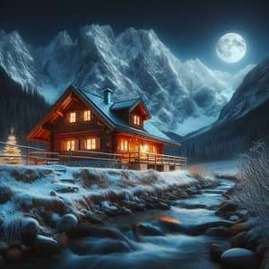 Cozy Log Cabin by Mountain Stream in Winter Night