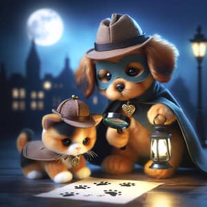 Adorable Puppy and Kitten Detectives Solve Mystery in Moonlit City