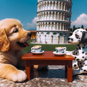 Whimsical Coffee Date of Golden Retriever and Dalmatian Puppies