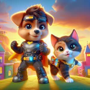 Courageous Puppy and Sprightly Kitten Heroes in Vibrant Landscape