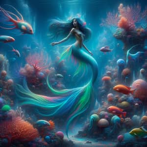 Surreal Underwater Setting with South Asian Mermaid and Colorful Sea Creatures