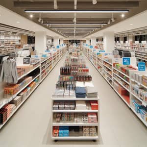 Well-Stocked Department Store Aisles with Apparel, Electronics, Homeware & Food Items