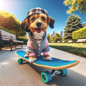 Playful Dog Skateboarding Adventure Under Sunny Blue Sky