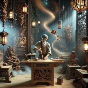 Chinese Carpenter Woodworking Mystical Scene