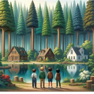Tranquil Forest Scene with Charming Houses and Diverse Group of Boys